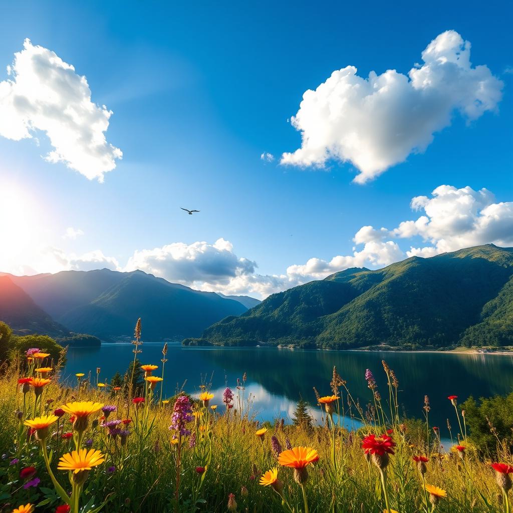 A stunning landscape featuring a clear blue sky with fluffy white clouds, a serene lake reflecting the scenery, surrounded by lush green mountains