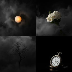 A series of four artistic photographs featuring various subjects on a black background with a hint of fog to create a mysterious atmosphere