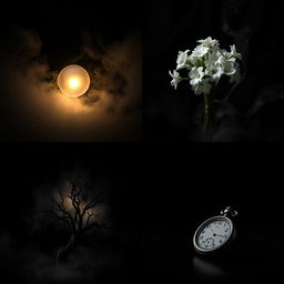 A series of four artistic photographs featuring various subjects on a black background with a hint of fog to create a mysterious atmosphere