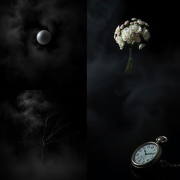 A series of four artistic photographs featuring various subjects on a black background with a hint of fog to create a mysterious atmosphere