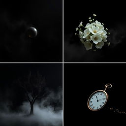 A series of four artistic photographs featuring various subjects on a black background with a hint of fog to create a mysterious atmosphere