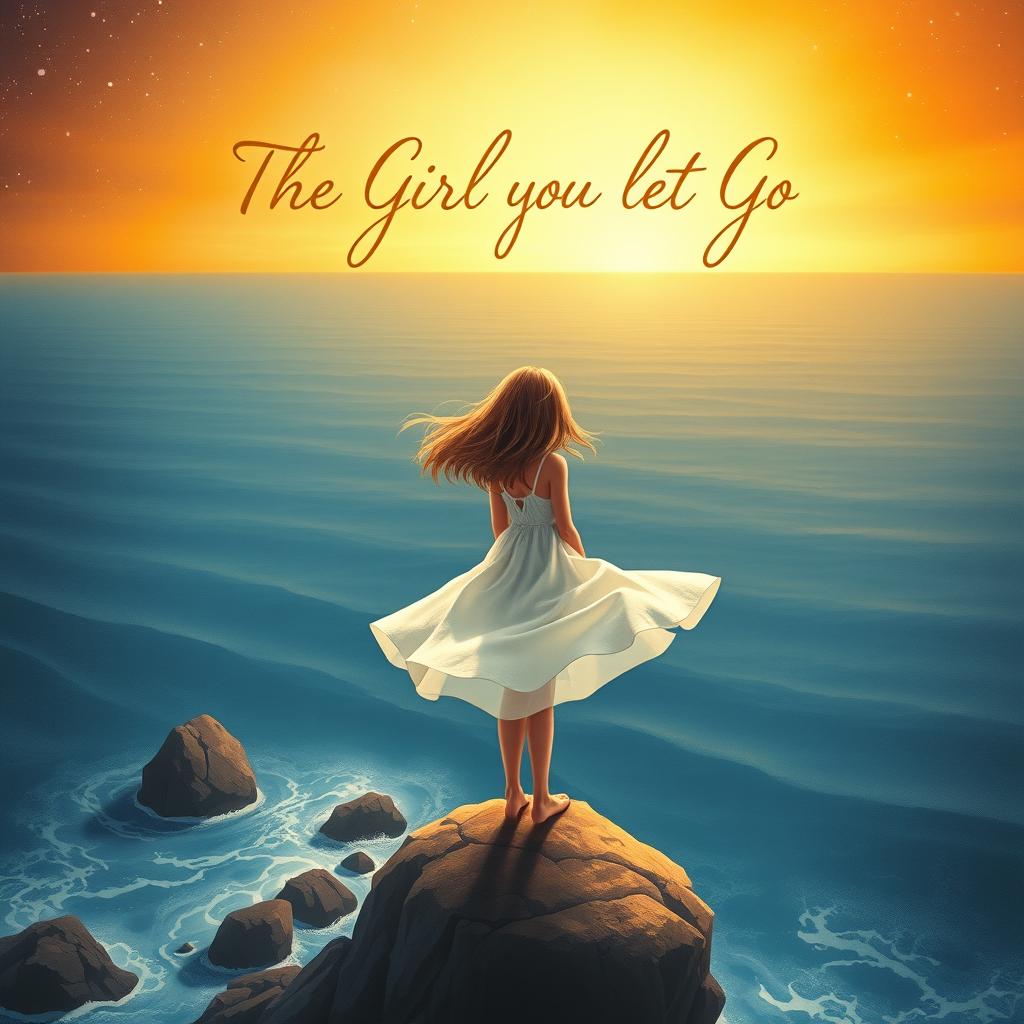 A whimsical book cover design for "The Girl You Let Go" featuring a solitary girl with flowing hair standing on a cliff edge overlooking a vast ocean