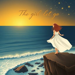 A whimsical book cover design for "The Girl You Let Go" featuring a solitary girl with flowing hair standing on a cliff edge overlooking a vast ocean