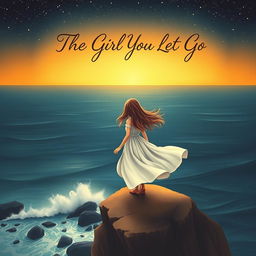 A whimsical book cover design for "The Girl You Let Go" featuring a solitary girl with flowing hair standing on a cliff edge overlooking a vast ocean
