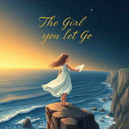 A whimsical book cover design for "The Girl You Let Go" featuring a solitary girl with flowing hair standing on a cliff edge overlooking a vast ocean