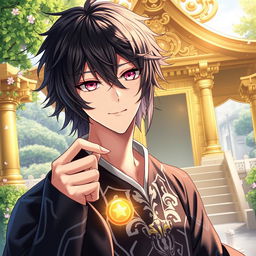 An enchanting light novel cover featuring a male character with shaggy black hair that frames his face, adding an air of mystery and intrigue