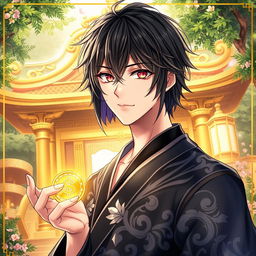 An enchanting light novel cover featuring a male character with shaggy black hair that frames his face, adding an air of mystery and intrigue