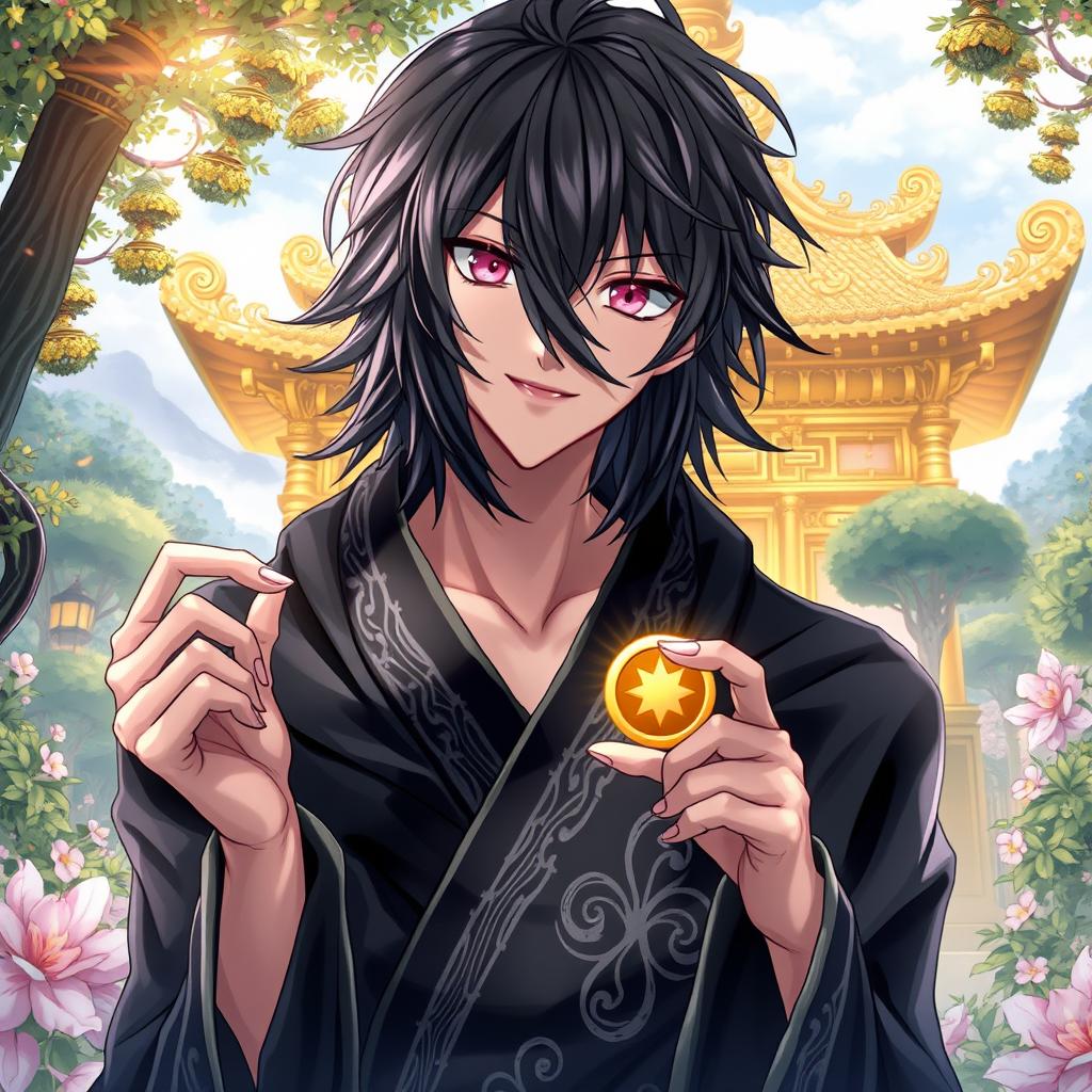 An enchanting light novel cover featuring a male character with shaggy black hair that frames his face, adding an air of mystery and intrigue