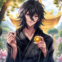 An enchanting light novel cover featuring a male character with shaggy black hair that frames his face, adding an air of mystery and intrigue