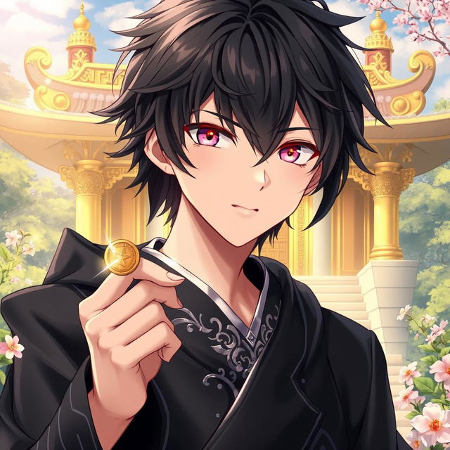 An enchanting light novel cover featuring a male character with shaggy black hair that frames his face, adding an air of mystery and intrigue