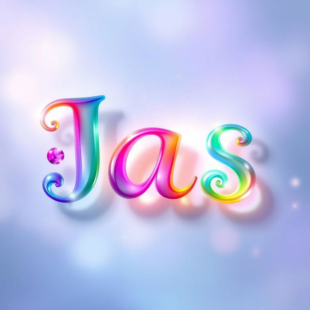 An abstract representation of the name "Jas" featuring colorful, swirling letters that play with light and shadow, set against a serene, dreamy background of soft blue and purple hues, with hints of gold sparkles scattered throughout