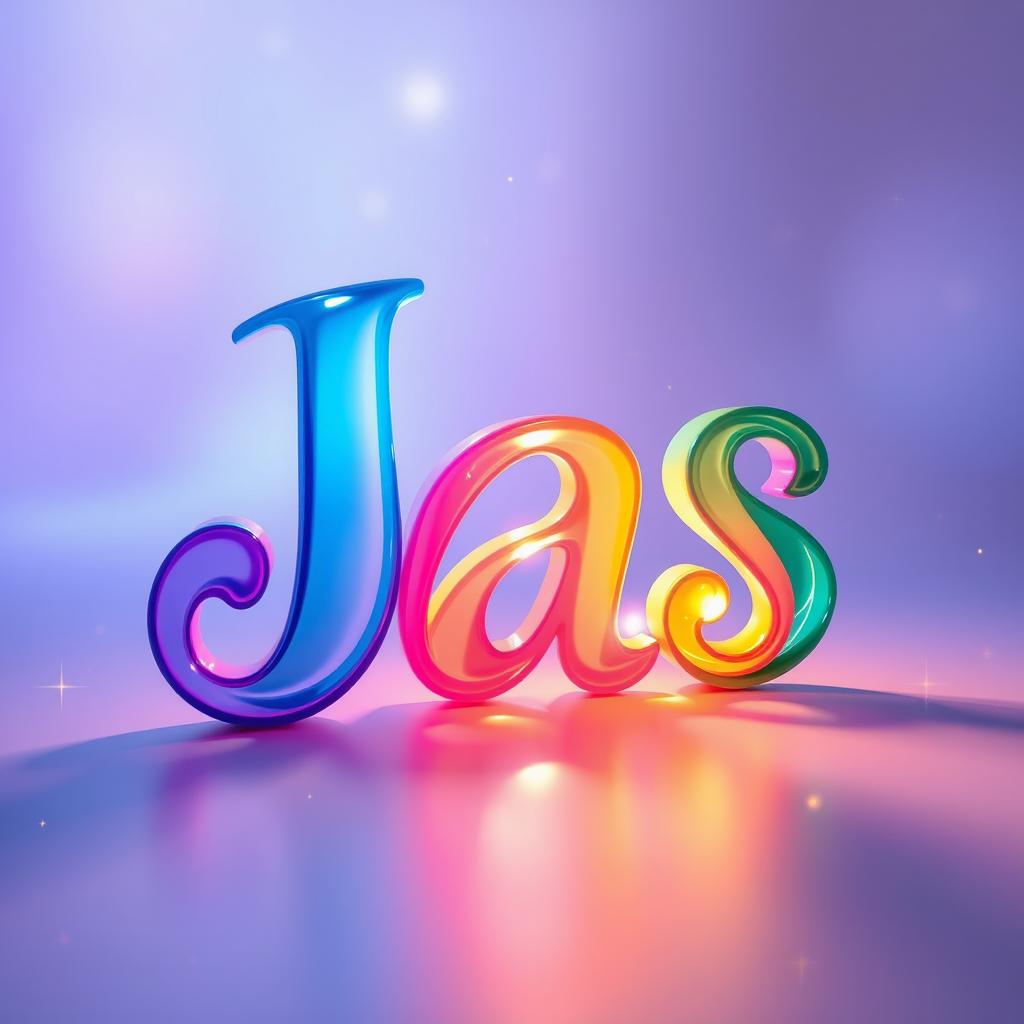 An abstract representation of the name "Jas" featuring colorful, swirling letters that play with light and shadow, set against a serene, dreamy background of soft blue and purple hues, with hints of gold sparkles scattered throughout