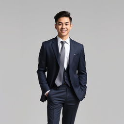 A 2x2 image of a stylish individual wearing formal attire, showcasing a tailored suit, crisp white shirt, and a stylish tie