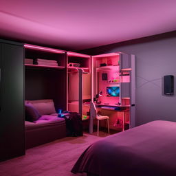 An L-shaped room featuring a comfortable bed, high-tech gaming setup, a spacious wardrobe, and a cozy sofa, all arranged harmoniously.