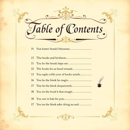 A beautifully designed book cover featuring an ornate table of contents page with elegant typography