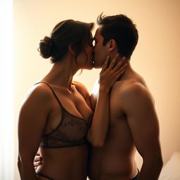 A sensual and intimate scene featuring a beautiful couple embracing in a passionate kiss, with soft, warm lighting creating a romantic atmosphere