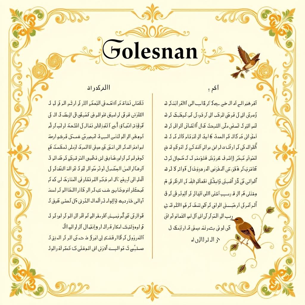 A beautifully designed table of contents page for the classic Persian book, "Golestan" by Saadi