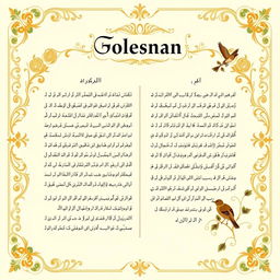 A beautifully designed table of contents page for the classic Persian book, "Golestan" by Saadi