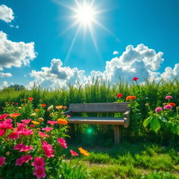 A beautifully styled image of a picturesque outdoor scene with vibrant flowers, a shining sun, and soft, fluffy clouds