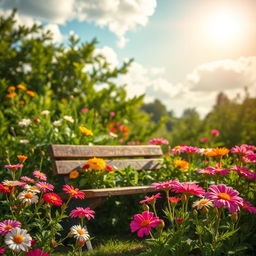 A beautifully styled image of a picturesque outdoor scene with vibrant flowers, a shining sun, and soft, fluffy clouds