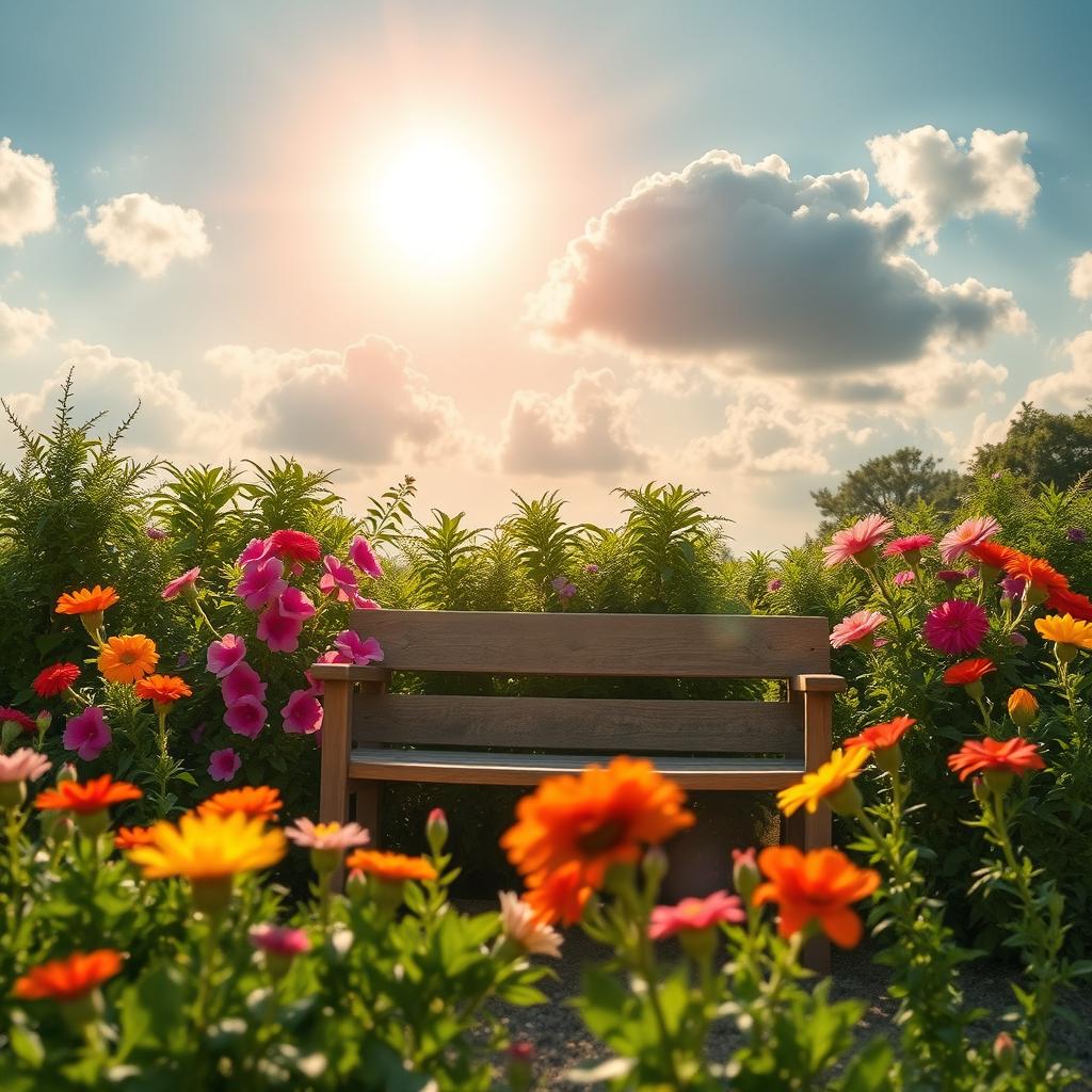 A beautifully styled image of a picturesque outdoor scene with vibrant flowers, a shining sun, and soft, fluffy clouds