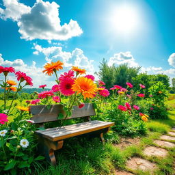 A beautifully styled image of a picturesque outdoor scene with vibrant flowers, a shining sun, and soft, fluffy clouds