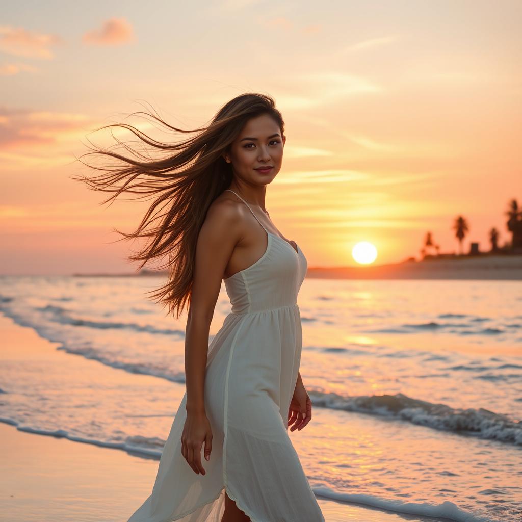 A beautiful woman standing on a beach at sunset, with her long flowing hair blowing in the wind