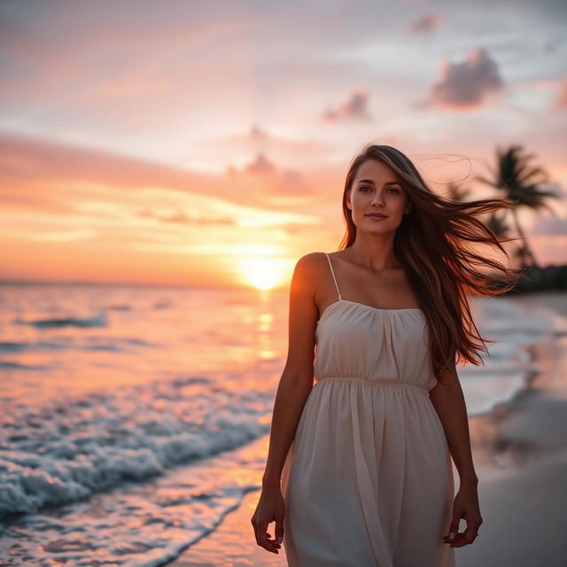 A beautiful woman standing on a beach at sunset, with her long flowing hair blowing in the wind
