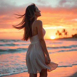 A beautiful woman standing on a beach at sunset, with her long flowing hair blowing in the wind