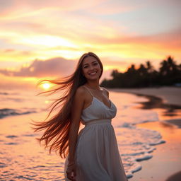 A beautiful woman standing on a beach at sunset, with her long flowing hair blowing in the wind