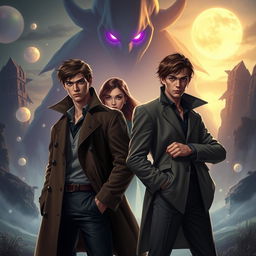 Two young men as detectives, both dressed in stylish attire, one with a trench coat and the other in a sharp suit, standing alongside a young woman with a determined expression
