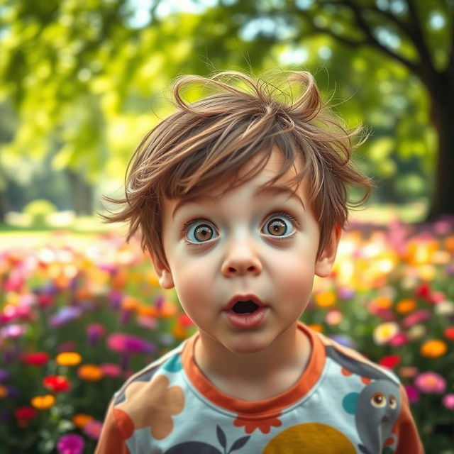 A boy with wide-open eyes filled with wonder, his expression is excited and amazed, showcasing a moment of discovery