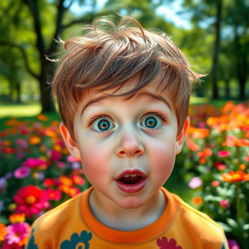 A boy with wide-open eyes filled with wonder, his expression is excited and amazed, showcasing a moment of discovery