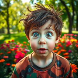 A boy with wide-open eyes filled with wonder, his expression is excited and amazed, showcasing a moment of discovery