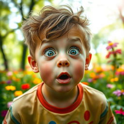 A boy with wide-open eyes filled with wonder, his expression is excited and amazed, showcasing a moment of discovery