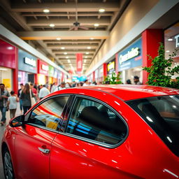 A vibrant red car parked in a bustling shopping mall's parking lot, surrounded by colorful storefronts and shoppers