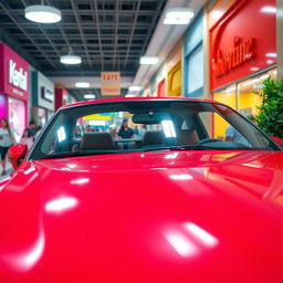 A vibrant red car parked in a bustling shopping mall's parking lot, surrounded by colorful storefronts and shoppers