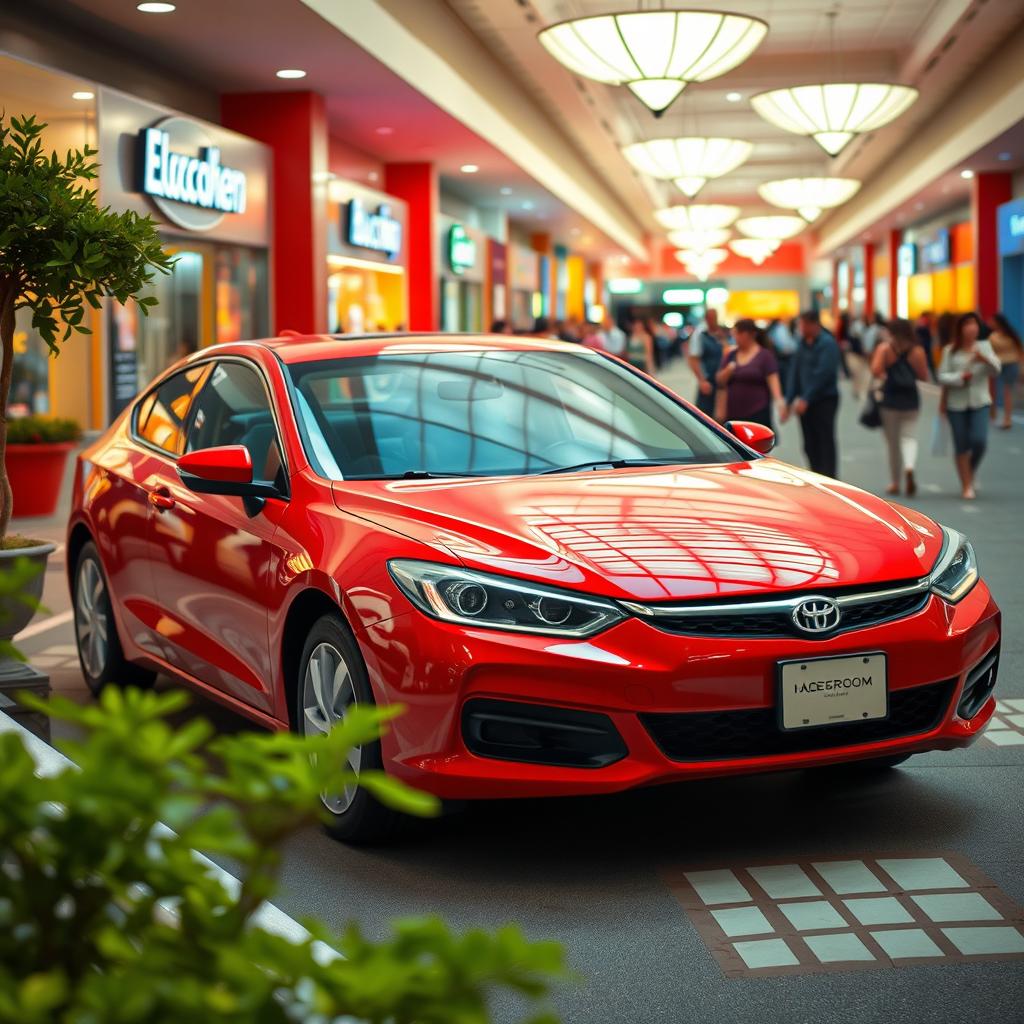 A vibrant red car parked in a bustling shopping mall's parking lot, surrounded by colorful storefronts and shoppers