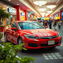 A vibrant red car parked in a bustling shopping mall's parking lot, surrounded by colorful storefronts and shoppers