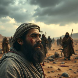 A dramatic scene depicting the atmosphere in Arabia after a battle, with a focus on the profound expression of Rasulullah as he catches droplets of blood from his face