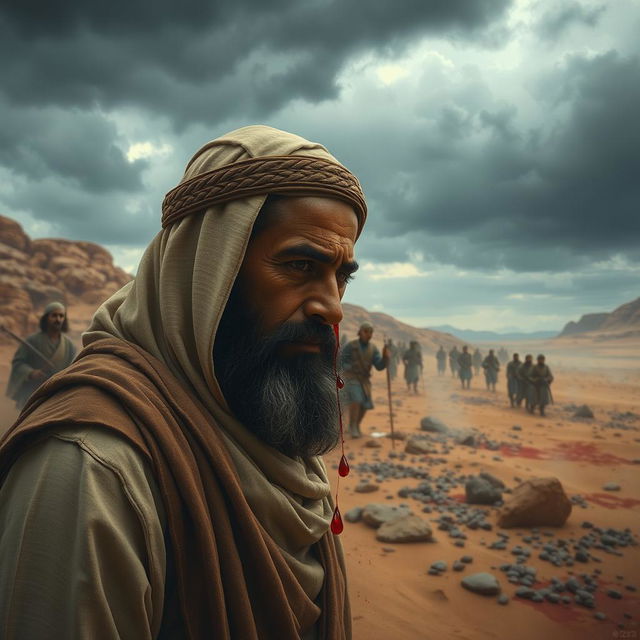 A dramatic scene depicting the atmosphere in Arabia after a battle, with a focus on the profound expression of Rasulullah as he catches droplets of blood from his face