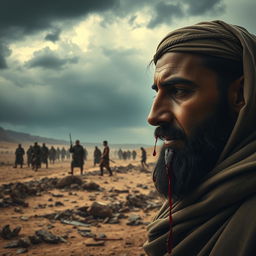 A dramatic scene depicting the atmosphere in Arabia after a battle, with a focus on the profound expression of Rasulullah as he catches droplets of blood from his face