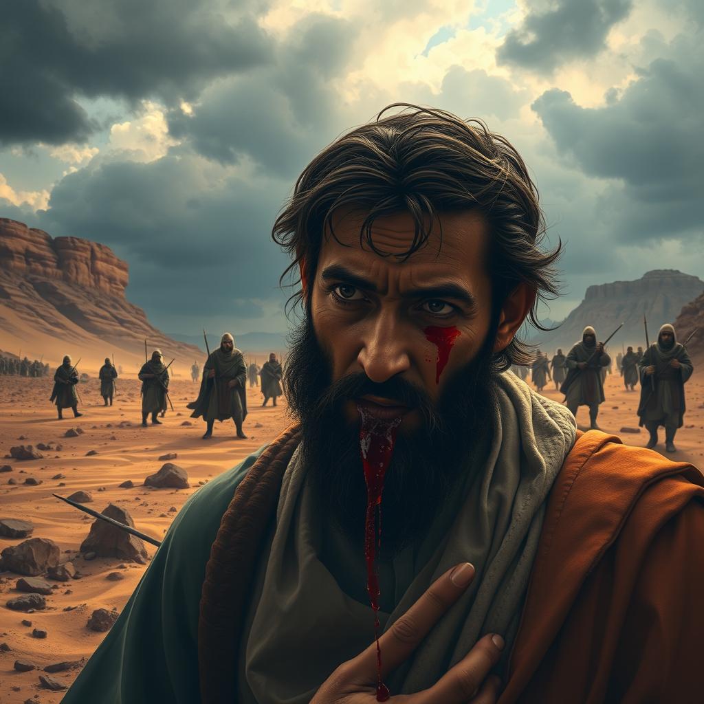 A dramatic scene depicting the atmosphere in Arabia after a battle, with a focus on the profound expression of Rasulullah as he catches droplets of blood from his face