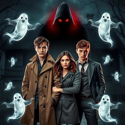 Two young men as detectives, both wearing stylish detective attire, one in a classic trench coat and the other in a sharp suit, standing alongside a young woman who looks inquisitive and bold