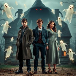 Two young men as detectives, both wearing stylish detective attire, one in a classic trench coat and the other in a sharp suit, standing alongside a young woman who looks inquisitive and bold