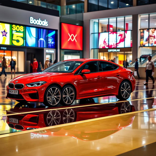 A vibrant red car parked in a shopping mall parking lot, surrounded by colorful storefronts and shoppers