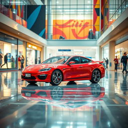 A vibrant red car parked in a shopping mall parking lot, surrounded by colorful storefronts and shoppers