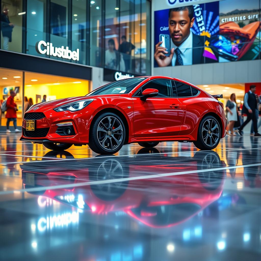 A vibrant red car parked in a shopping mall parking lot, surrounded by colorful storefronts and shoppers