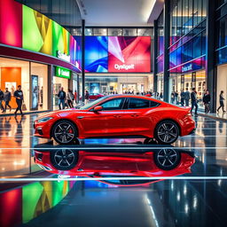 A vibrant red car parked in a shopping mall parking lot, surrounded by colorful storefronts and shoppers