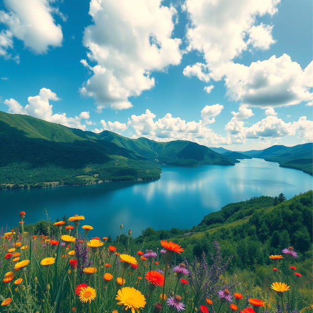 A beautifully remastered photo featuring a stunning landscape with lush green hills, a serene lake reflecting the blue sky, and fluffy white clouds scattered above